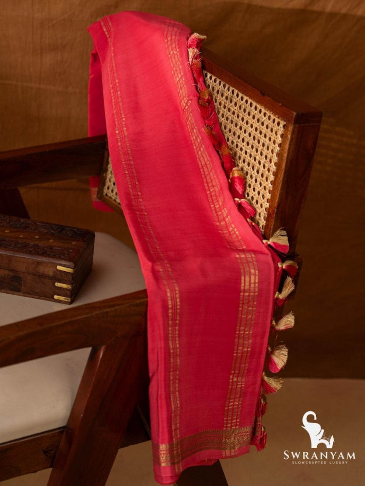 Mysore Silk Saree Pallu Drape in Coral Red with Self Gold Zari Border