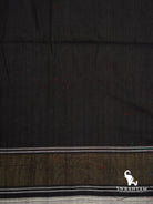 Plain black cotton end of emerald green ikat saree with olive band and white woven stripes