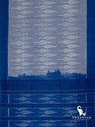 Flat lay of sky blue Pochampally ikat cotton saree with leaf motif body and royal blue striped ikat pallu
