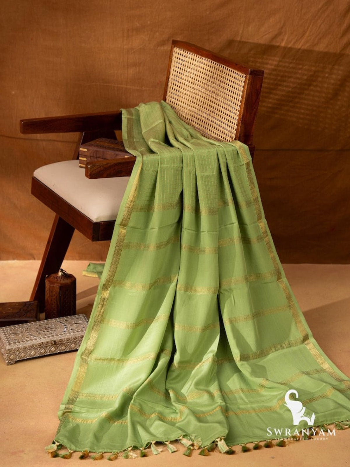 Swranyam Pure Mysore Silk Saree in Apple Green with Gold Zari Check Weave
