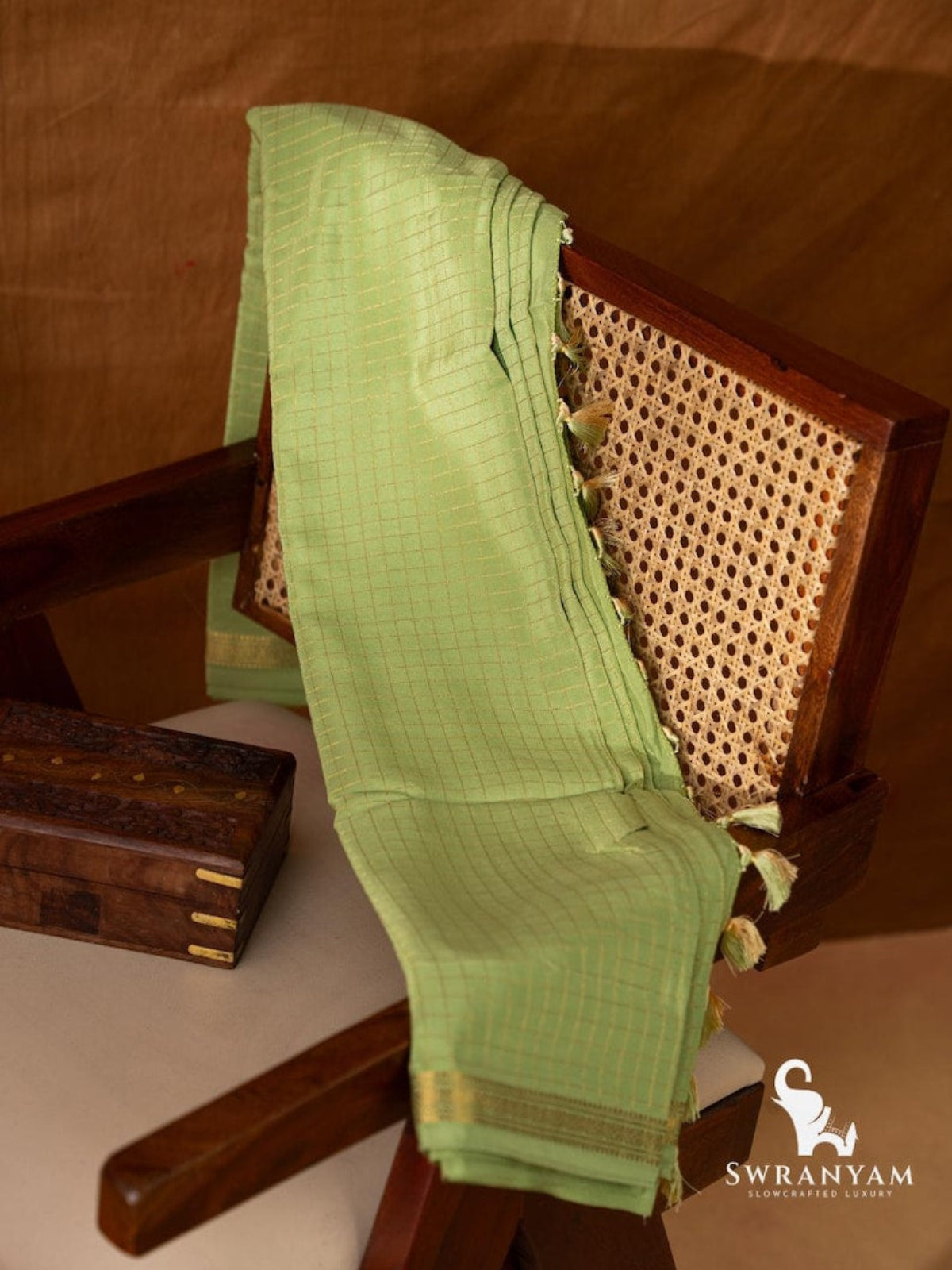 Mysore Crepe Silk Saree Pallu Drape in Apple Green with Zari Border