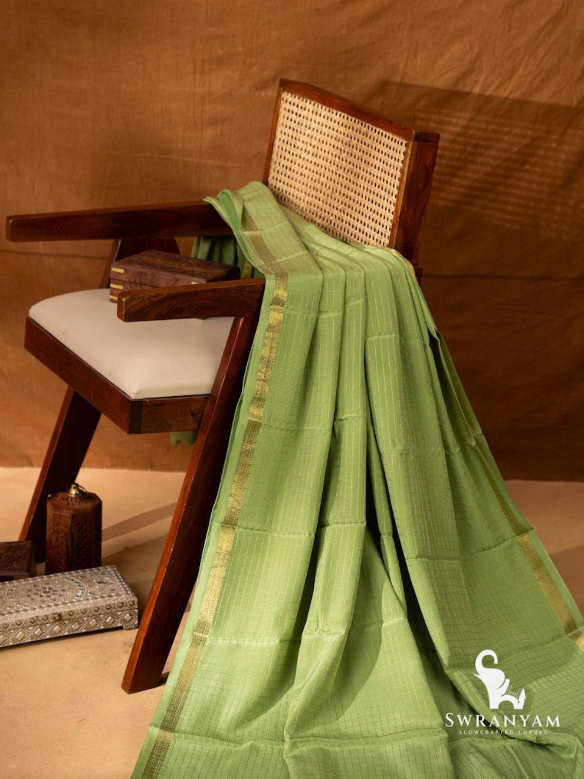 Pure Mysore Silk Saree Apple Green Draped View – Swranyam