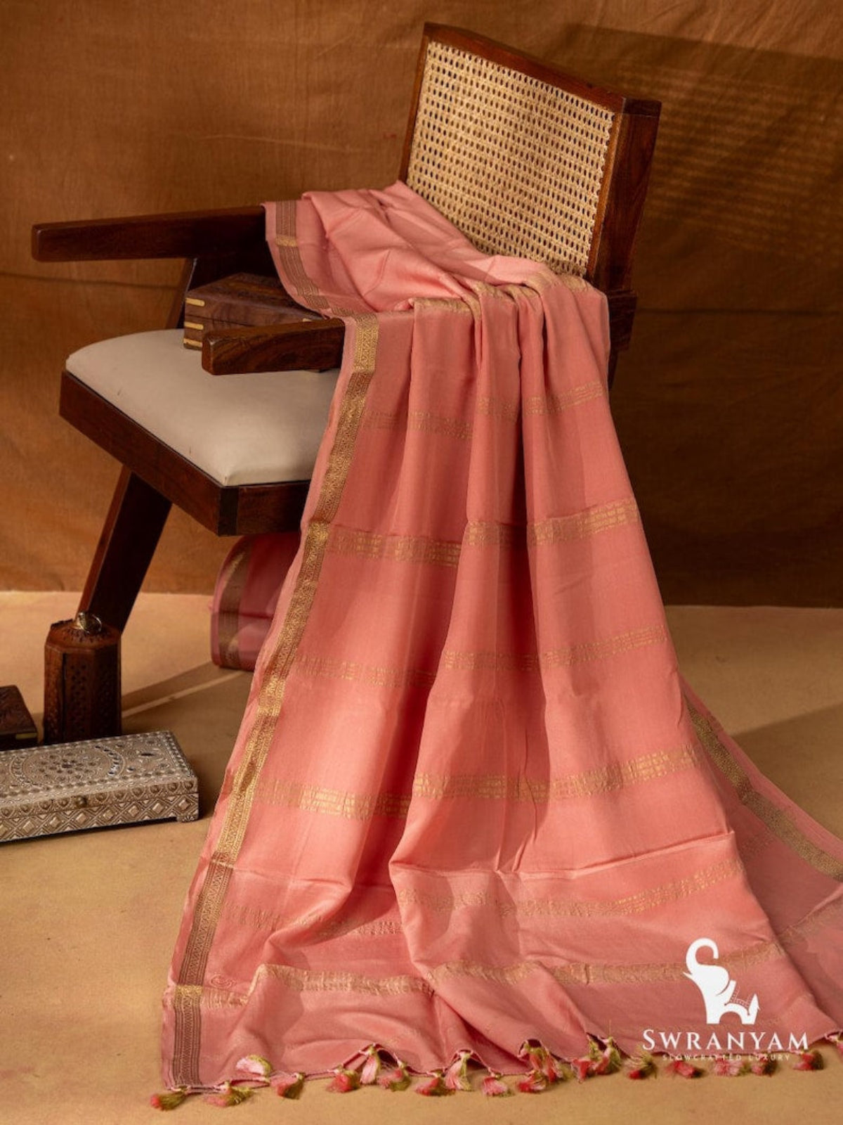 Swranyam Pure Mysore Silk Saree in Peach Pink with Gold Zari Border