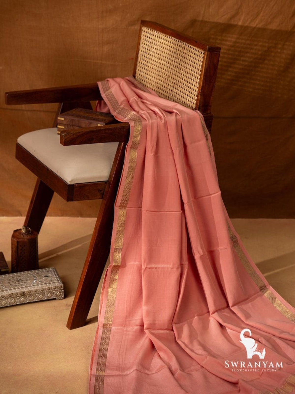 Pure Mysore Silk Saree Peach Pink Draped View – Swranyam