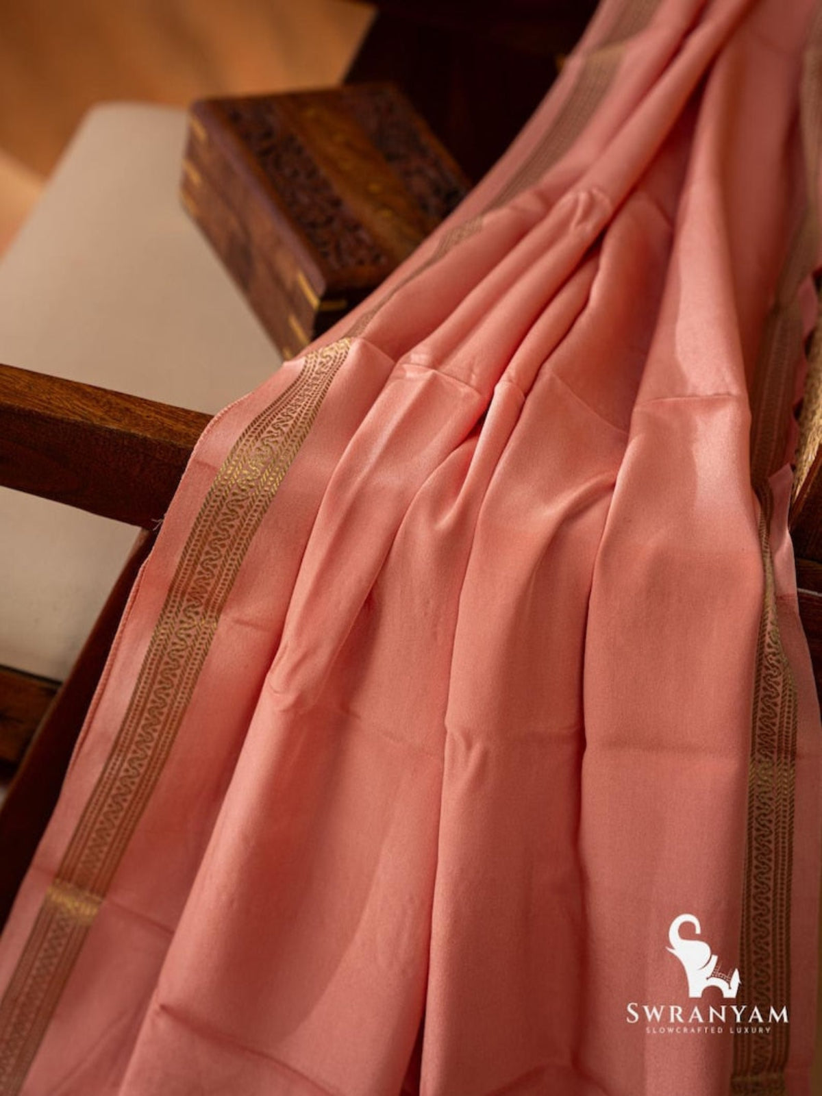 Swranyam Mysore Crepe Silk Saree Peach Pink Pallu Corner