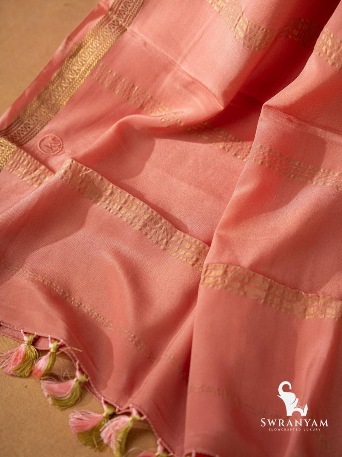 Pure Mysore Crepe Silk Saree Peach Pink Border Detail