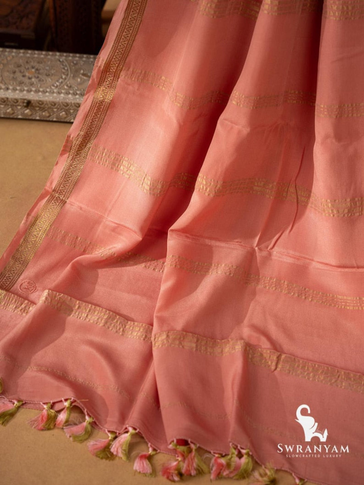 Pure Mysore Silk Saree Peach Pink Pallu with Zari Tassels – Swranyam