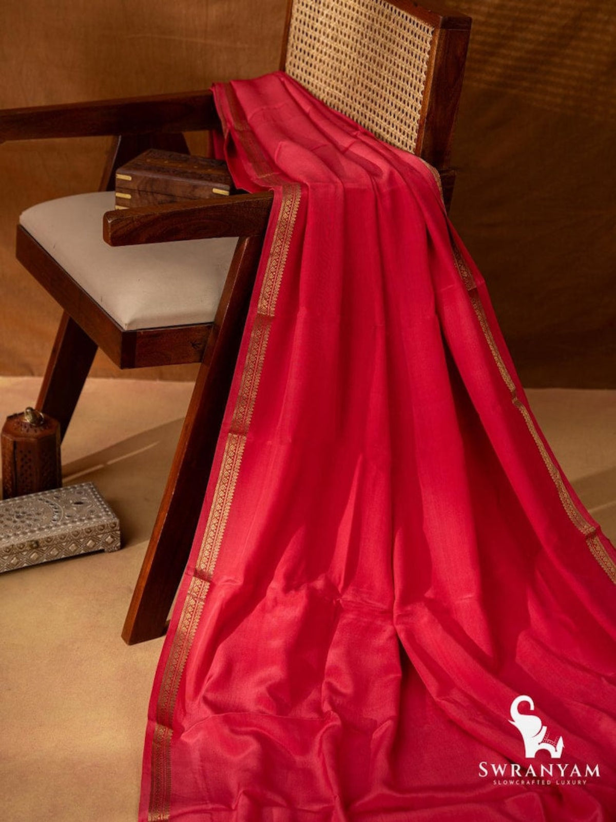 Pure Mysore Crepe Silk Saree Coral Red Sindoor Draped View – Swranyam