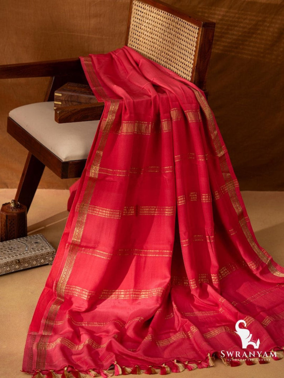 Swranyam Pure Mysore Silk Saree in Coral Red Sindoor with Gold Zari Border
