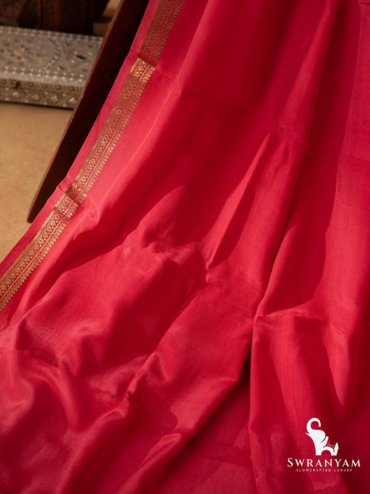 Pure Mysore Silk Saree Coral Red Sindoor Border Detail