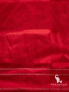 Plain red silk fabric with thin silver stripes at the edge, matching piece for the red and olive Telia Rumal saree