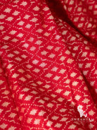 Red Pochampally ikat silk saree folds showing white geometric ikat pattern and gold zari border edge