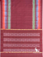 Maroon Pochampally ikat silk saree spread flat showing multicolour diamond ikat borders and pallu with white ikat blocks