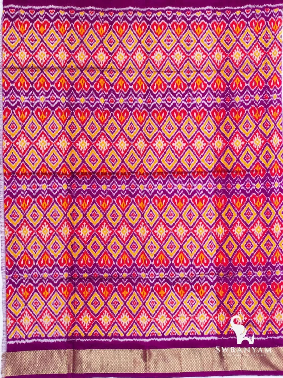 All-over red, yellow and purple diamond and heart ikat fabric, matching piece for the ivory and purple ikat silk saree