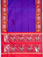 Royal purple Pochampally ikat silk saree spread flat with red elephant and bird border and elephant procession pallu