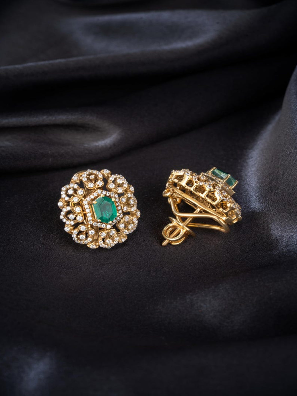 Swranyam Victorian silver stud earrings pair showing CZ and emerald detail