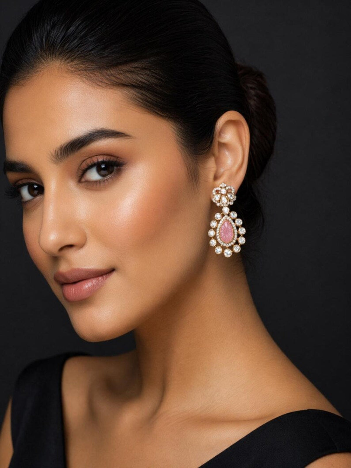 Model wearing Swranyam 925 silver Moissanite Polki pink stone earrings
