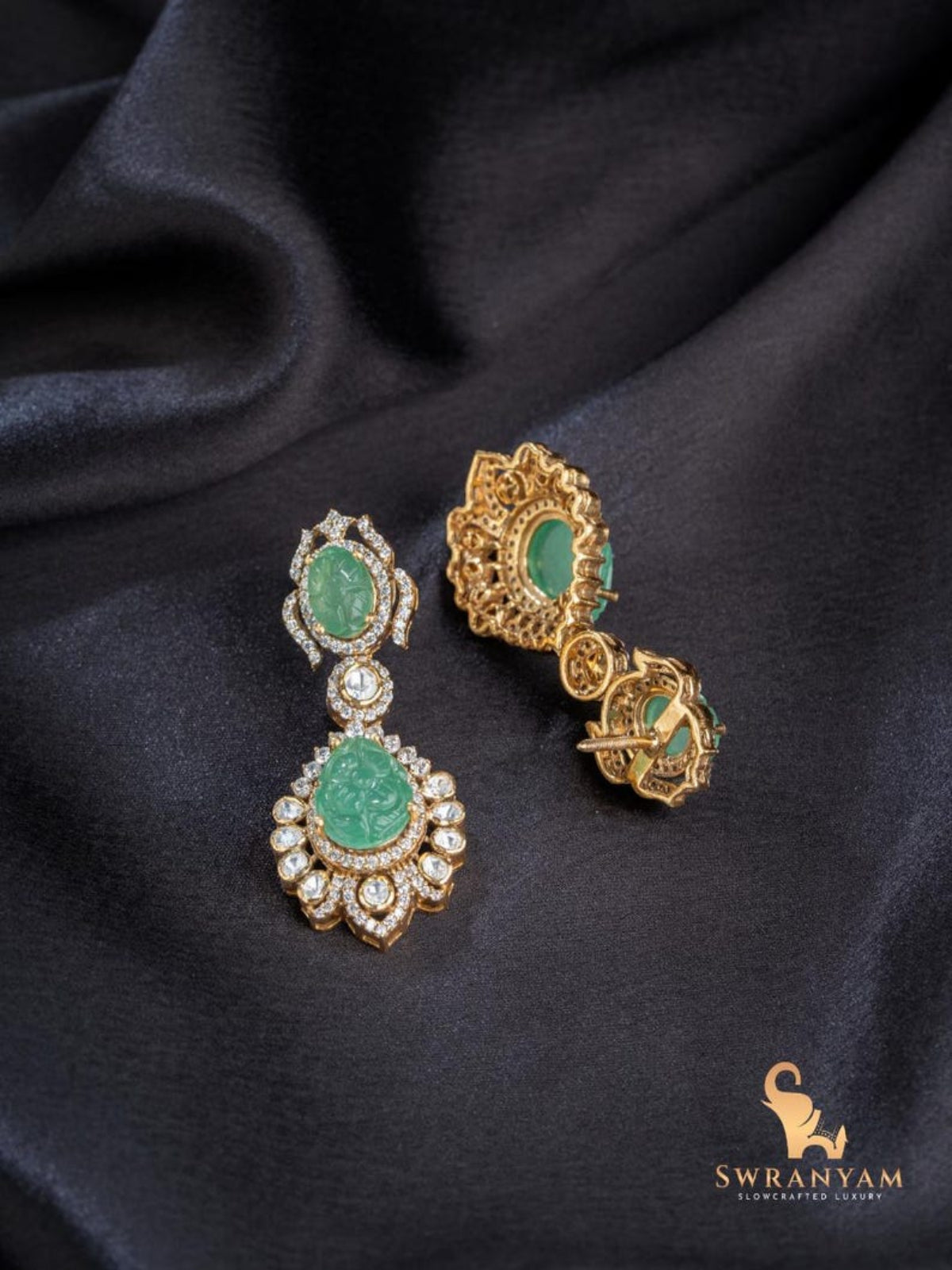 Swranyam silver Polki dangle earrings pair showing carved emerald detail