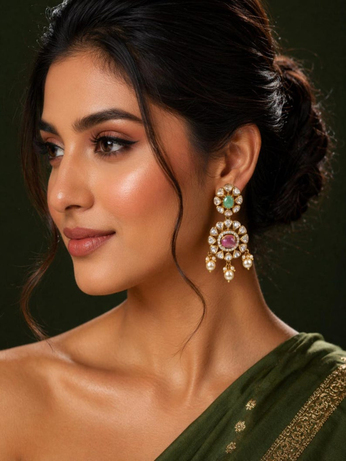 Close-up of model wearing Swranyam silver Polki earrings with emerald stone detail