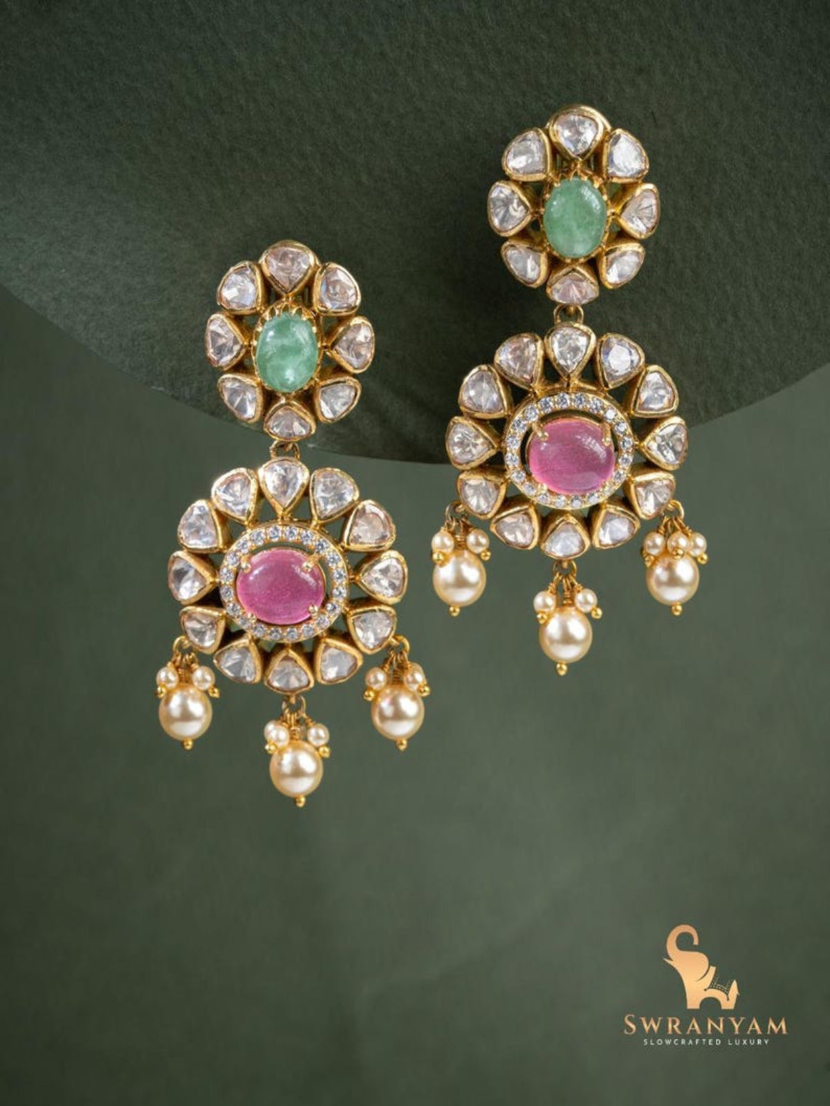 Swranyam 92.5 silver Moissanite Polki dangle earrings with emerald and pink pota stones