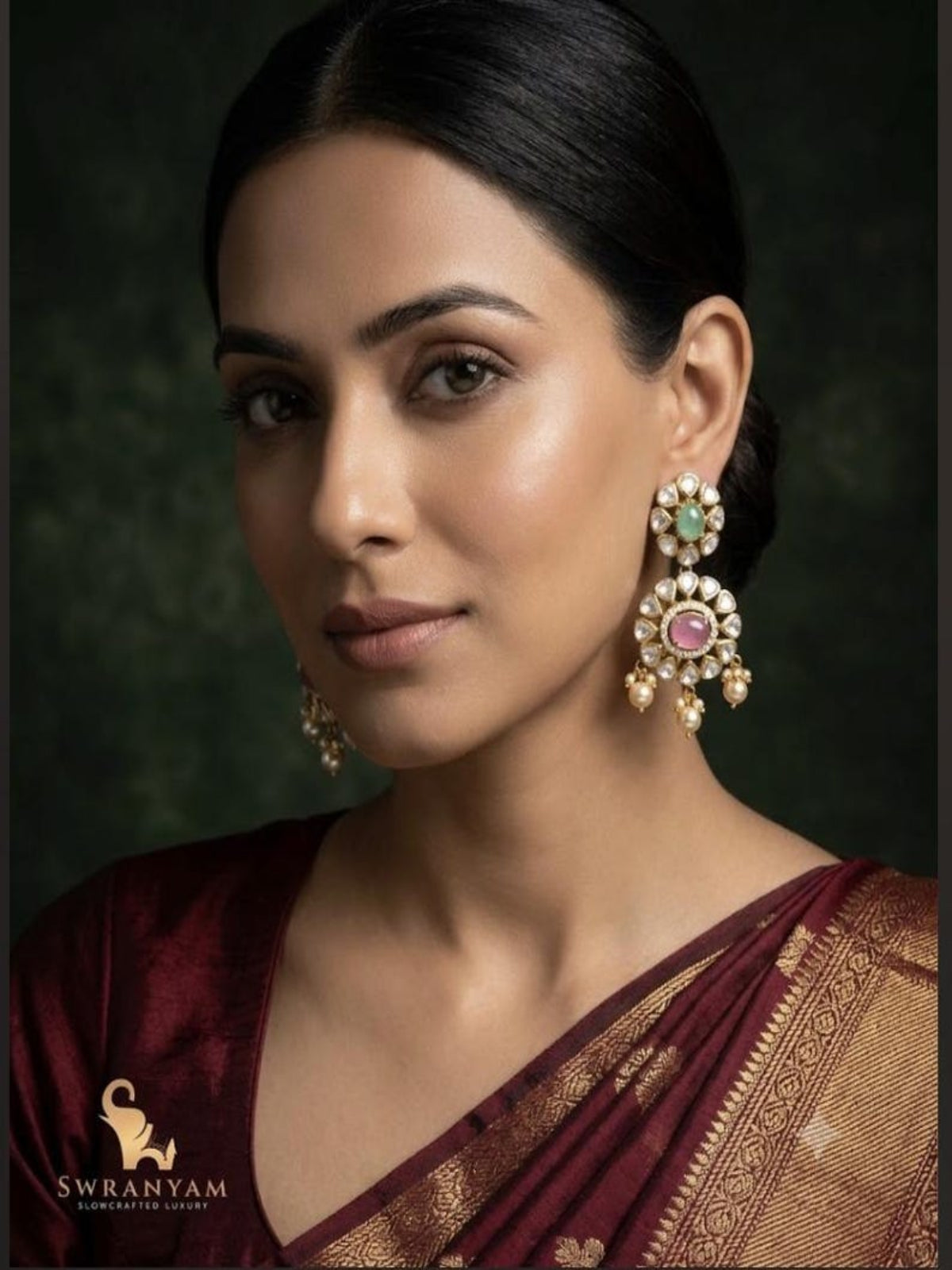 Model wearing Swranyam 925 silver Moissanite Polki earrings, side profile