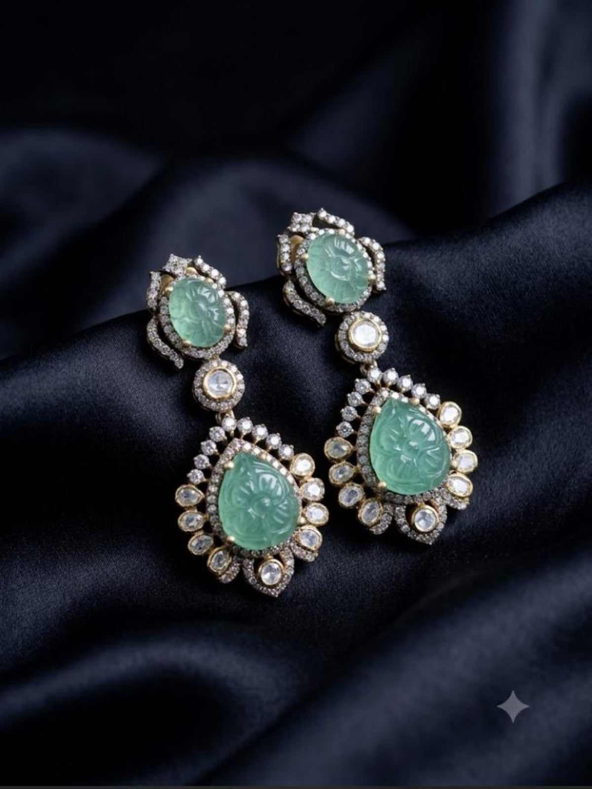 Close-up of Swranyam Moissanite Polki earrings with emerald and CZ stones