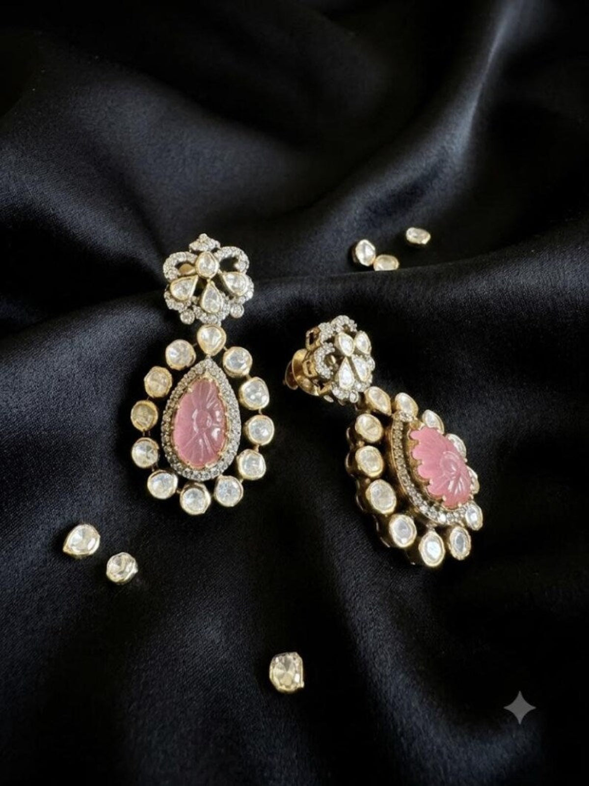 Swranyam silver Polki dangler earrings pair showing floral top and pink stone drop