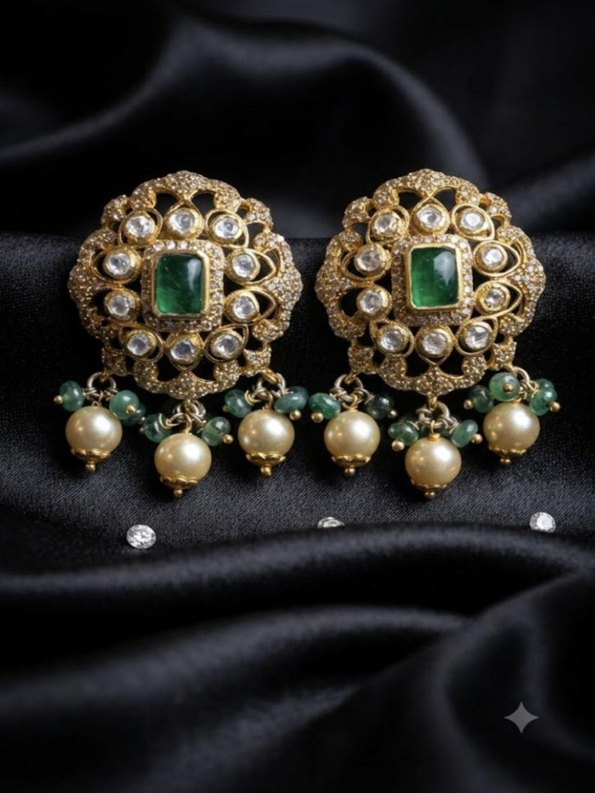 Swranyam 925 silver Moissanite Polki dangle earrings with emerald stone and pearl drops