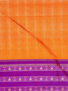 Orange zigzag ikat silk body with purple border bands of woven ikat motifs on Pochampally twill saree